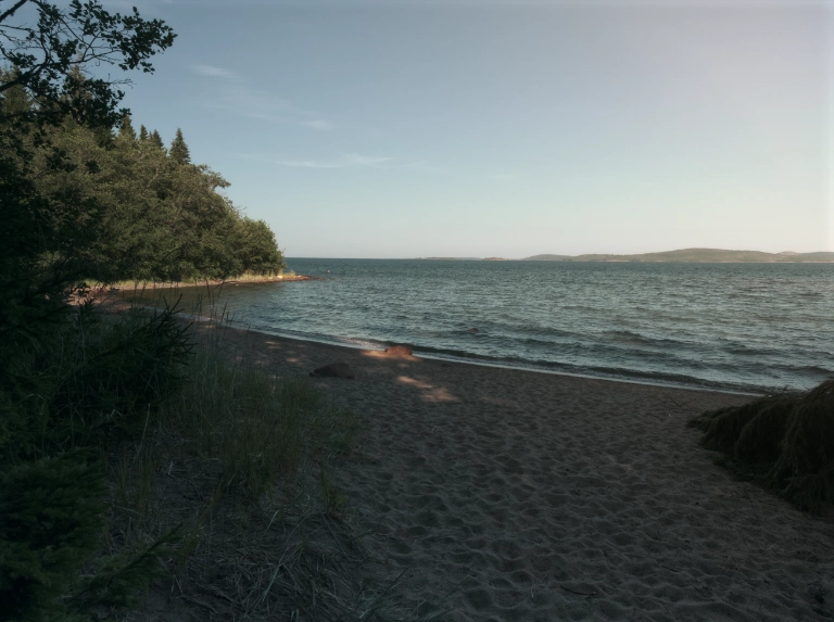 En sandstrand längs kuststigen.