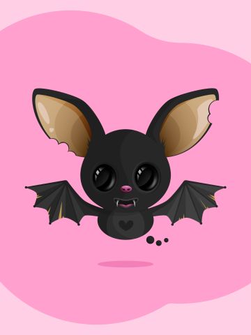 En liten fladdermus med utsträckta vingar och stora glänsande ögon.