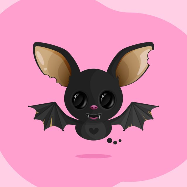 En liten fladdermus med utsträckta vingar och stora glänsande ögon.