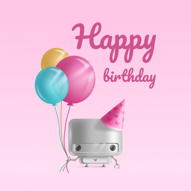 En robot med en partyhatt, som håller i tre ballonger.