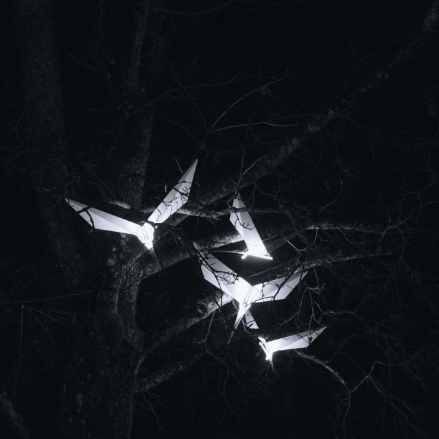 Fyra lysande origamifåglar som sitter i ett träd.