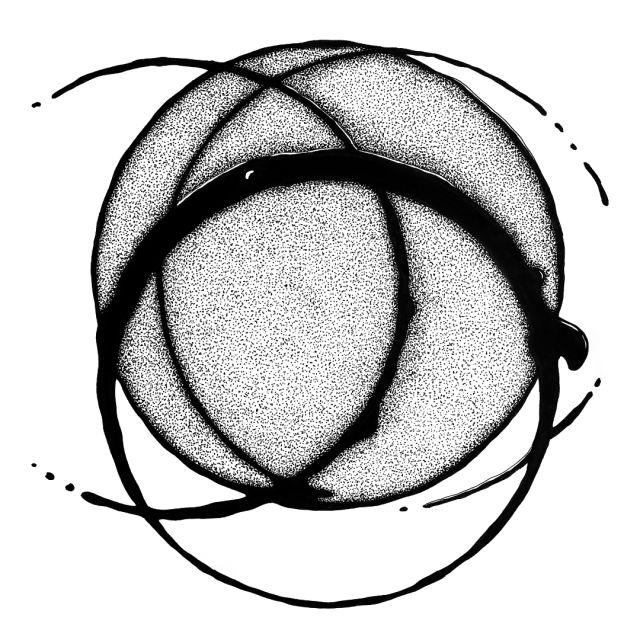 Fyra svarta överlappande cirklar som påminner om de märken som kan bli när man ställer ner sin te- eller kaffekopp på bordet.