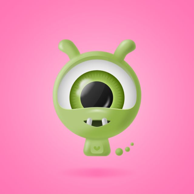 En grön, gullig cyklopvarelse med ett stort leende där två tänder sticker fram.