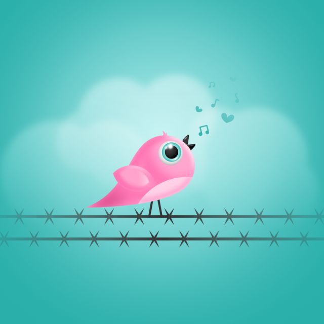 En rosa, sjungande fågel som sitter på en taggtråd och blickar upp mot himmelen.