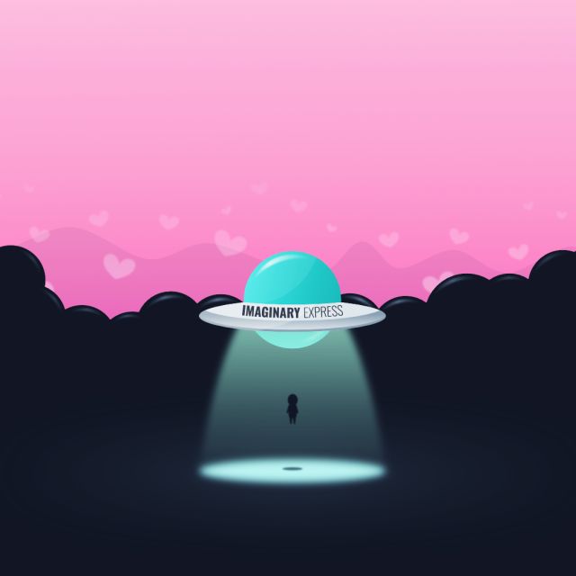 Ett UFO med texten 'Imaginary express' som lyfter från marken.