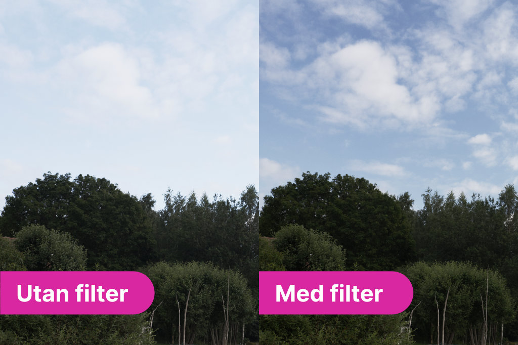Två exempel på några träd och en himmel. Kontrasten på himlen ökar med ett polariseringsfilter och molnen på himlen börjar träder fram.