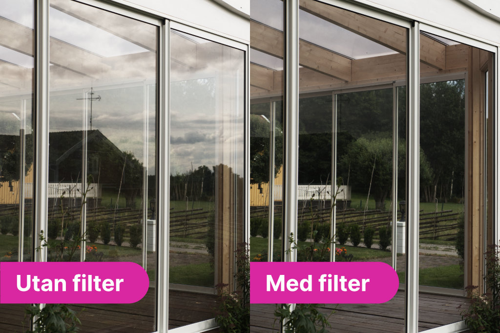 Två exempel på en glasruta där ett polariseringsfilter nästan helt trollar på reflektionerna.