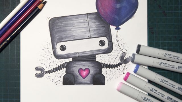 En målning av en robot som håller i en ballong. Runt målningen ligger färgpennor och alkoholbaserade markers som användes för att måla roboten.