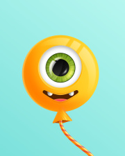 En gul, leende ballong med ett stort öga.