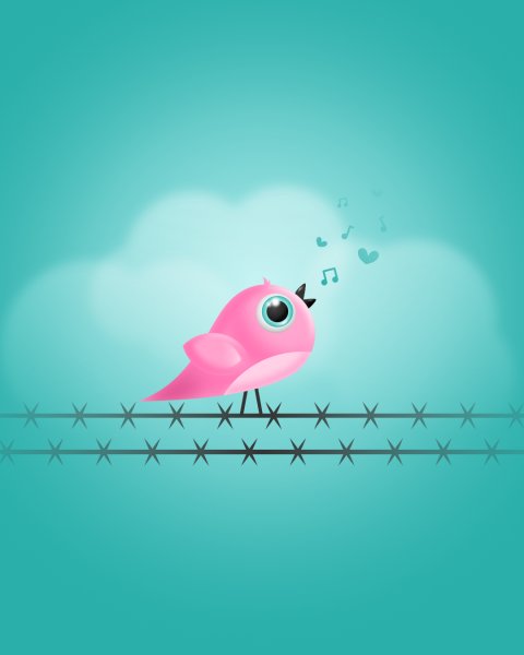 Rosa, sjungande fågel som sitter på en taggtråd och blickar upp mot himmelen.