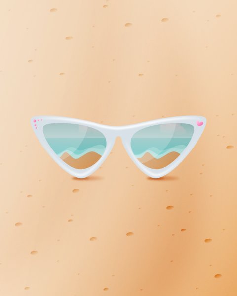 Ett par solglasögon som ligger i sanden och reflekrarar havet.