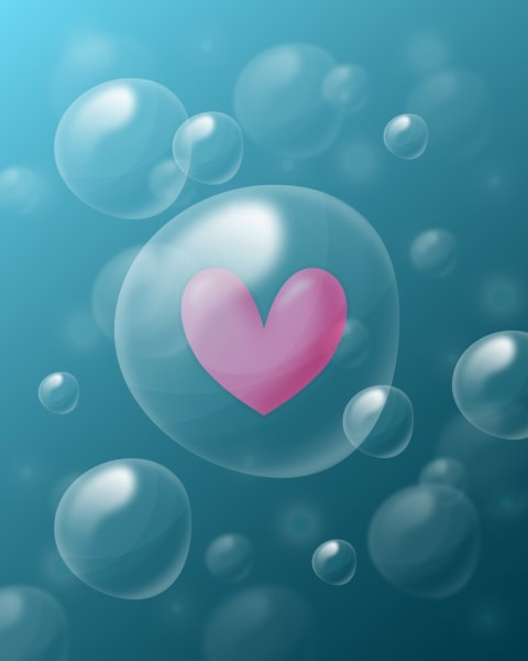 Bubblor under vattnet där en har ett hjärta innuti sig.
