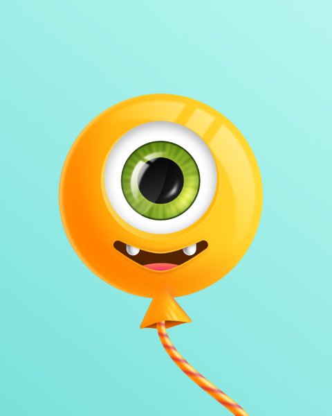 En gul leende ballong med ett stort öga.